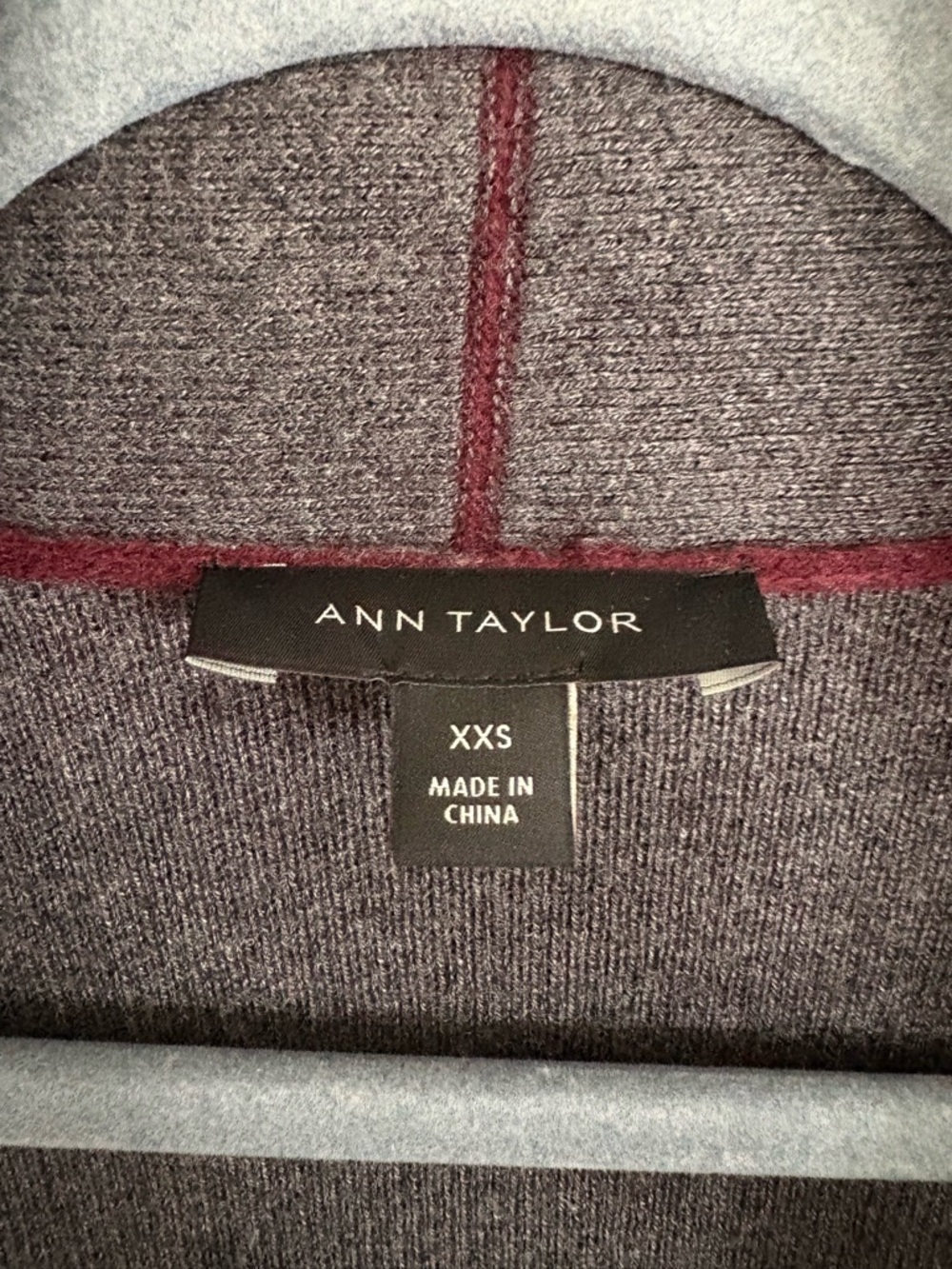 Ann Taylor Two-Tone Open-Front Cardigan in Burgundy and Gray - Picture 2 of 5
